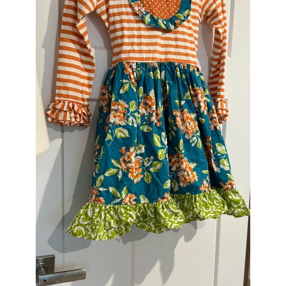 Eleanor Rose Girls Orange Teal Floral Striped Ruffle Dress Size 7-8 RHONDA 1198